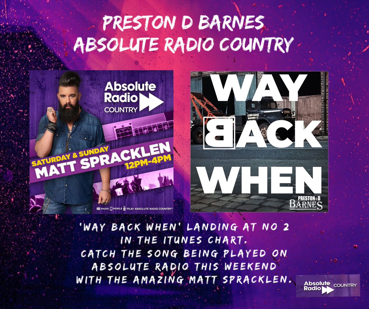 A huge thanks to <a href="/ARCountry/">Absolute Radio Country</a> for featuring ‘Way Back When’ on the show this weekend.. Tune in 12-4 Saturday and Sunday - <a href="/MattSpracklen/">Matt Spracklen</a> puts on a killer show!! 
.
.
#radio #weekendvibes #waybackwhen #newsingle #ukcountry #countrymusic #listen #tunein #newsong #SaturdayMorning