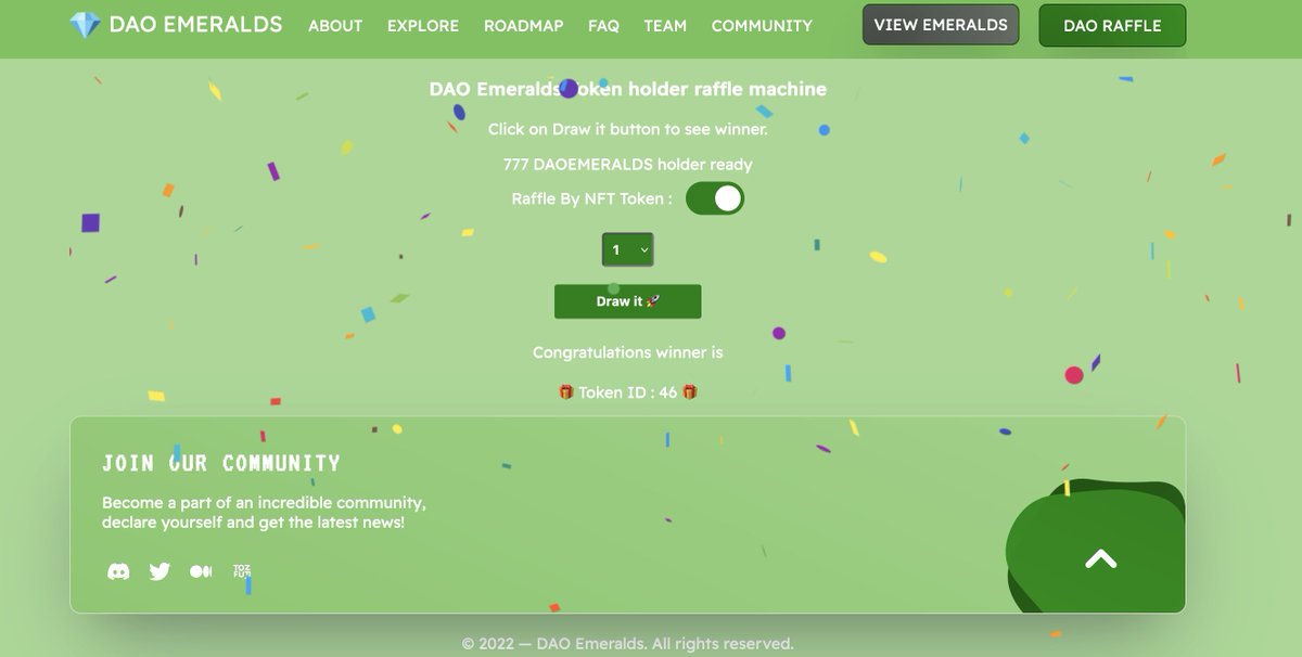 🎁 Raffle 🎁 We have a winner: <a href="/oasis_punks/">Oasis Punks</a> winner selected! 🏆 Winner:  NFT ID : 46 

If you hold DAO EMERALD ID #46, please claim your #Oasis Punk within 7 days via DM to us! 🎉

Next raffle will be soon, all you have to do to participate is to buy and hold a #DAOEmerald 💎