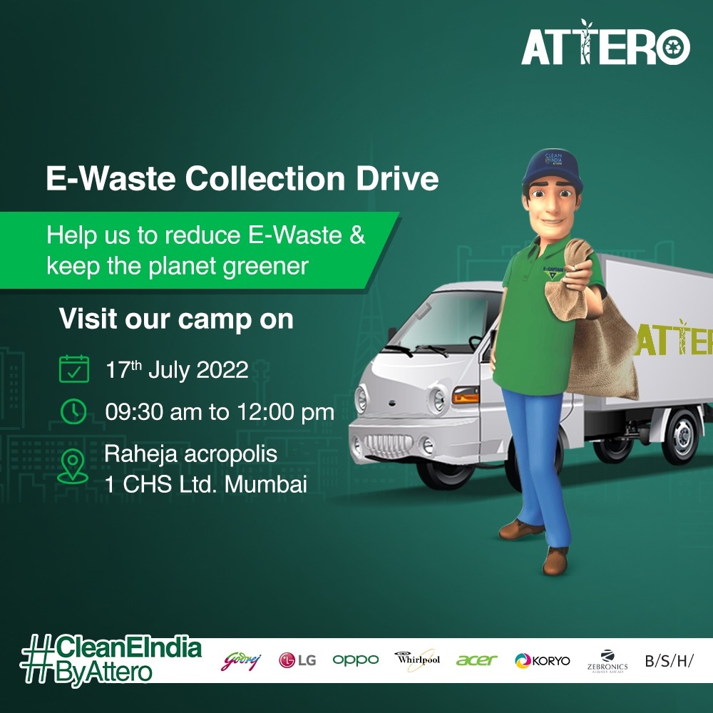 AtteroIndia's tweet photo. Hello #Mumbai! The #CleanEIndia #Ewaste collection drive is back in the city at Raheja Acropolis 1 CHS Ltd. So, hand over your old #Electronics to us.
We will ensure environment-friendly #Recycling and disposal of the same.
#Attero #savethedate #eWasteCollectionDrive https://t.co/k4QDh2FL4P