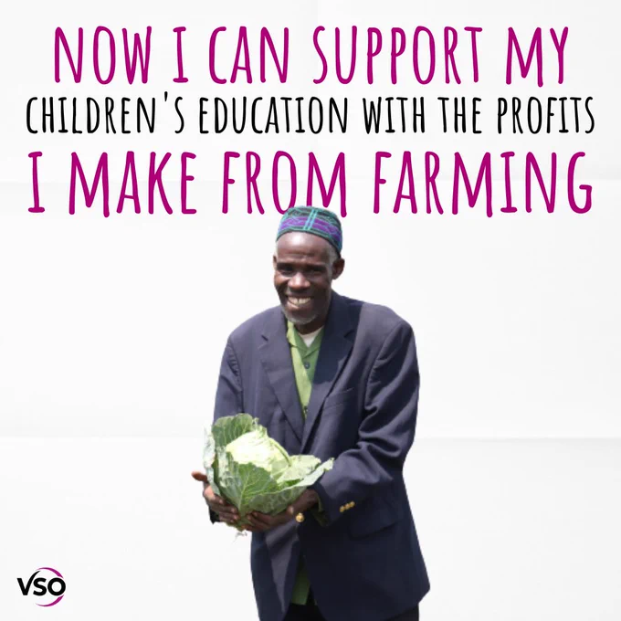 Man holding vegetable in his hands.
Text reads: Now I can support my children's education with the profits I make from farming.