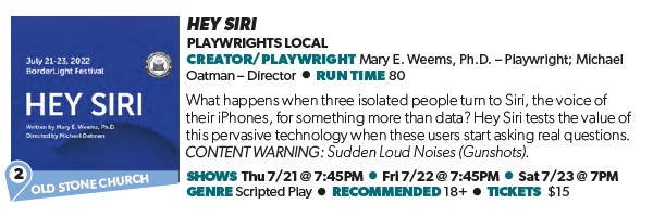 PlaywrightsLcl's tweet photo. Hey Siri @BorderLightCLE July 21-23! New play by Mary E. Weems, directed by Michael Oatman with Michelle Broome, Chelsea Anderson, Lynna Metrisin, &amp; Darryl Tatum. Info at https://t.co/cx6nYiYy90. Tix at https://t.co/whBN9Jn78Y. https://t.co/p8m13K5kfa