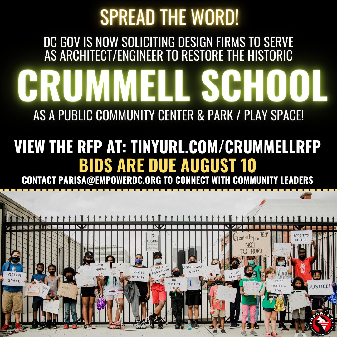 PLEASE SHARE: We are SO excited to share the news that <a href="/DCDPR/">DC Parks & Recreation #WhereFunHappens</a> <a href="/DCDGS/">DC Department of General Services</a> <a href="/MayorBowser/">Mayor Muriel Bowser</a> has released an RFP for designs firms to serve as architect /engineer on the restoration of Ivy City's historic <a href="/CrummellSchool/">Friends of Crummell</a> as a cmty cntr &amp; park! Bids are due Aug 10! tinyurl.com/crummellrfp