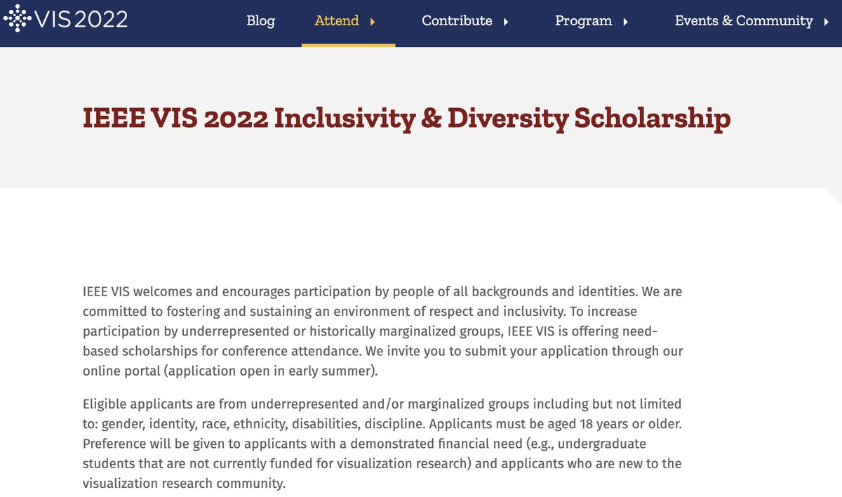 I hope you received exciting news about #VIS2022 paper acceptances and are now considering ways to attend @ieeevis.  

If $$ is a consideration and you qualify, apply for the Inclusivity & Diversity Scholarship!! shorturl.at/aCUWY
Deadline: Aug 14
Notifications: Aug 26