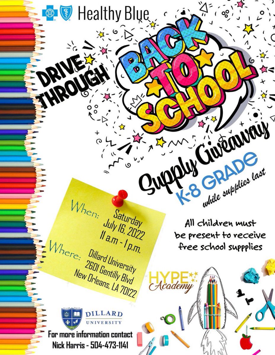 Join us today from 11 a.m-1 p.m. for the Drive Through Back to School Supply Giveaway for grades K-8, hosted by Dillard University Community and Church Relations

**All children must be present to receive free school supplies.

#myDU #FairDillard