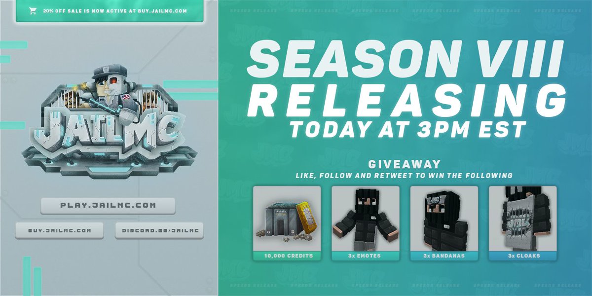 OP Prison Season VIII releases Today at 3PM EST! 🚀

In celebration, enter the giveaway! ⤵️
• 3x 10,000 Credits
• 3x Lunar Cloaks
• 3x Lunar Emotes

To enter: 
Follow <a href="/JailMCPrison/">JailMC</a>, retweet, &amp; comment your IGN! 📣

IP: play.jailmc.com
Discord: discord.gg/jailmc