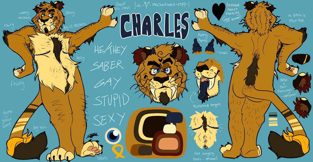 MUSTARDBUTCH's tweet photo. ✨REFERECNE UPDATE ✨!! just a little revamp of charles' already existing reference, i added a few details and a bit more information! 💛
#furry #fursona #furryart #sabertooth #saberfurry #transfurry #transfurs https://t.co/1eCP4kg5za