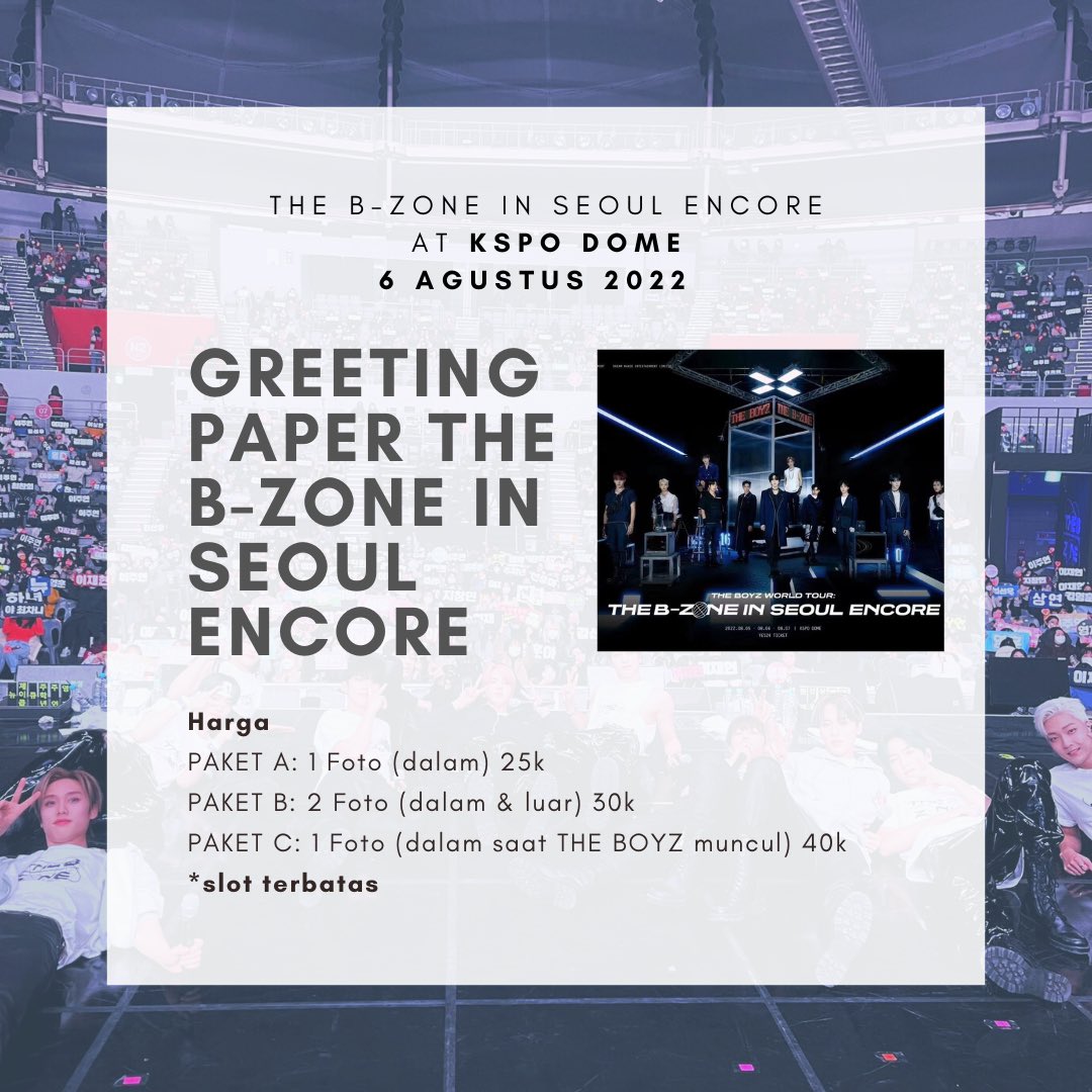 OppaKoreanShop's tweet photo. ❤️ OPEN JASA GREETING PAPER THE BOYZ THE B-ZONE in SEOUL ENCORE❤️

SLOT TERBATAS ‼️‼️

Harga:
• PAKET A - 1 Foto (dalam) 25k
• PAKET B - 2 Foto (1 dalam, 1 luar venue) 30k
• PAKET C - 1 Foto (dalam saat the boyz muncul) 40k https://t.co/VRgYQxgjWl