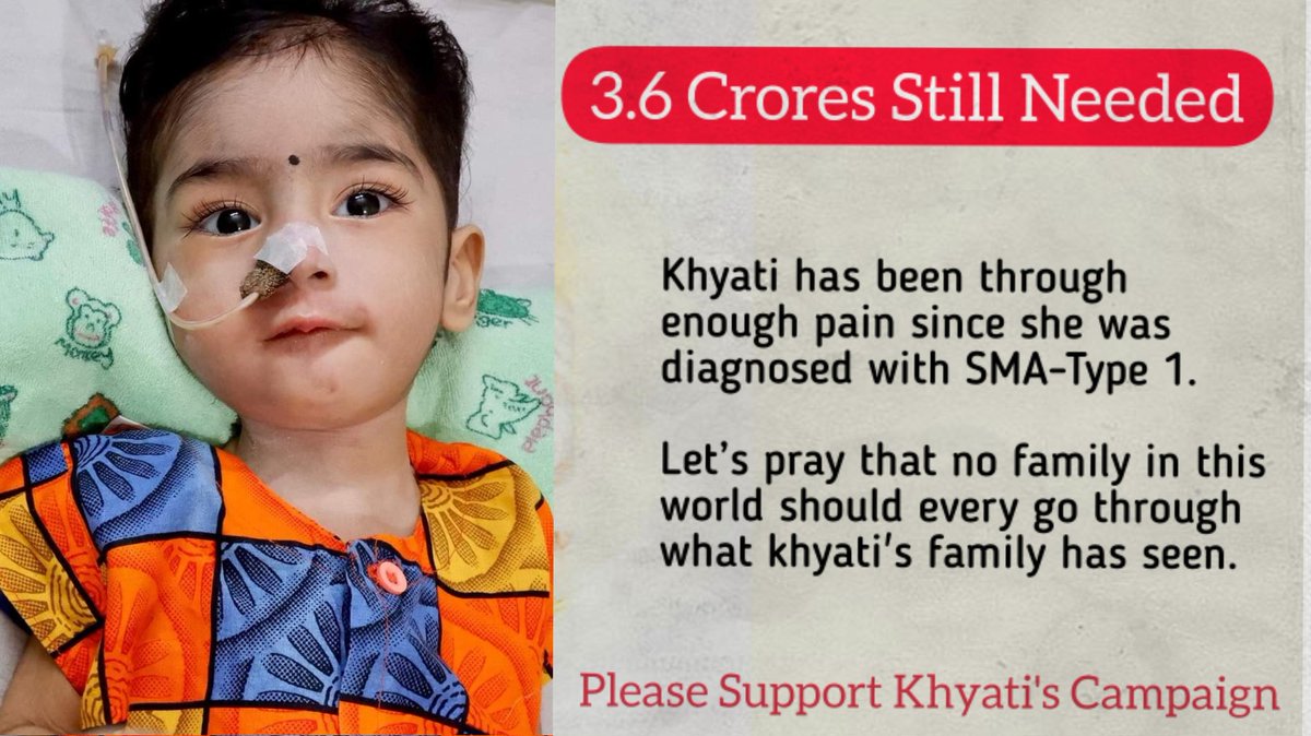 Sometimes it takes only one act of kindness to change a person's life. 
3.6 Cr is Still pending for <a href="/HelpKhyati/">Khyati Fights SMA</a> 's fund raising campaign.

Please support khayti &amp; her family in this last mile :

Impact guru: bit.ly/savekhyati 
Google Pay : 9686451363