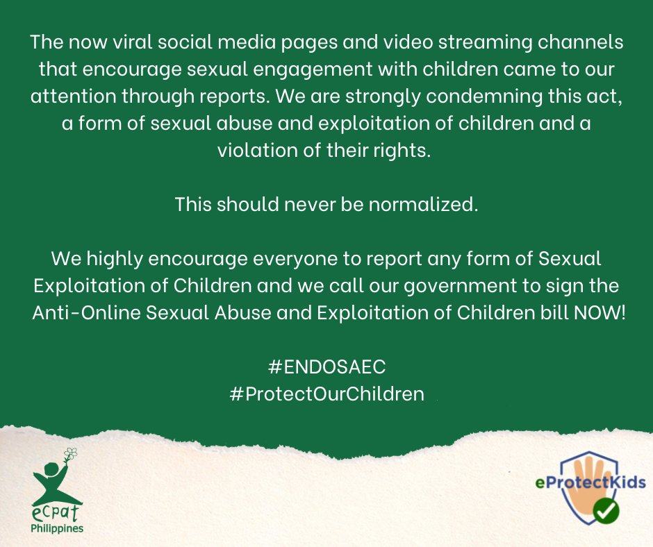 ECPATPh's tweet photo. Report any form of Sexual Exploitation of children, log on to https://t.co/RHEFh3Eocs
If you also need someone to talk to report, you can also send us message.
#ENDOSAEC
#ProtectOurChildren
#ChildrenNotCommodities https://t.co/aAcutecEBh