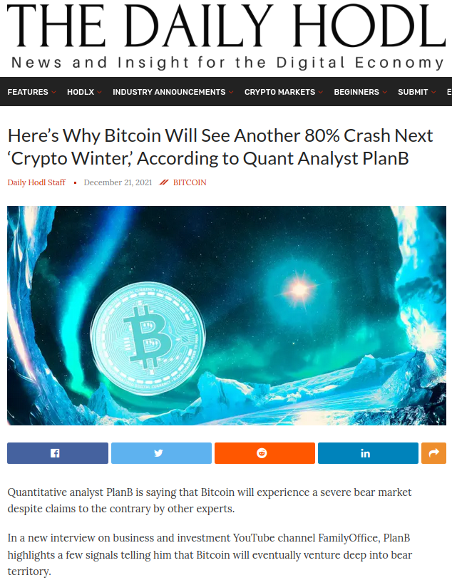 Yes I missed the $100K top, thanks to China mining ban, inflation and war (which are obviously not variables in my simple S2F mode)l.
But I did warn of a crash comparable to 2014 and 2018 after the top. You can find the Dec 2021 familyoffice interview on planbtc.com