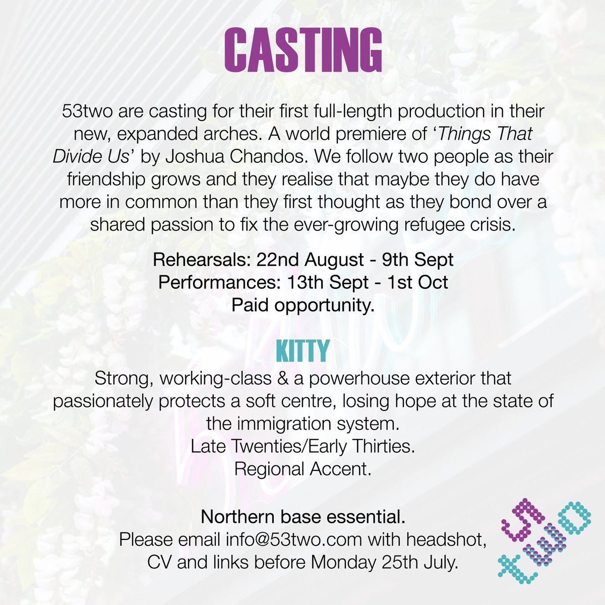 53two's tweet photo. It’s been, as the kids would say, a ‘hot minute’ but we’re BACK with a #Casting breakdown for our FIRST show in our new, extended #theatre. 

Please read carefully before submitting. We can’t wait to hear from you all. Any questions, drop us a line! 💜💙 #Manchester #Mcr https://t.co/lYTQK7ac9E