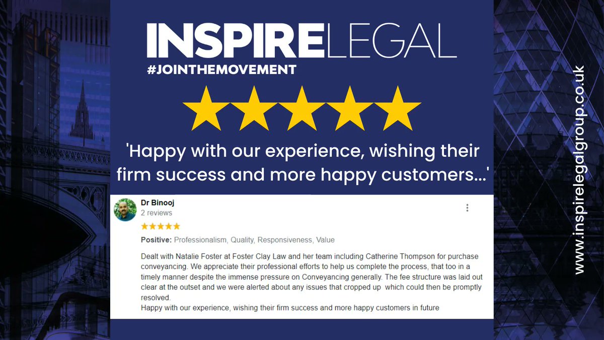 5-stars for the dream team 🌠

Are you buying or selling property? We can help. Contact Inspire Legal Group (formerly Foster Clay Law) at info@inspirelegalgroup.co.uk.

#property #propertyinvestors #conveyancing