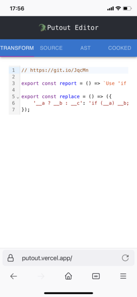 coderaiser_'s tweet photo. Mobile Editor for 🐊Putout, no kidding 😏.

https://t.co/9KltscvlUY

#javascript #putout #babel #react #codemirror #vercel #ast #compiler #codemod #eslint https://t.co/tVAJgzmrB4