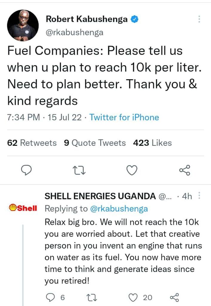 The below tweet from 'Shell Energies Uganda', containing a fake @Shell logo by a one @KyebarRobert has not originated from our official account and neither from our @Shell_Uganda account. Kindly disregard it. @rkabushenga