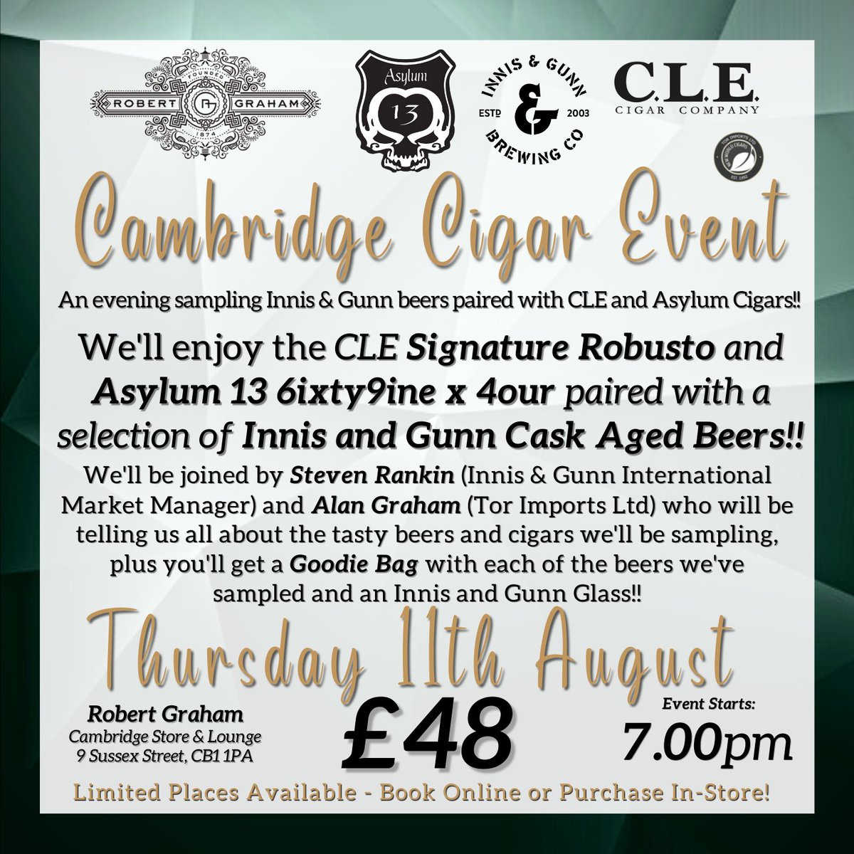 RGWhisky's tweet photo. Innis &amp; Gunn Beer and Cigar Sampling Events with:
Casa Turrent
Edinburgh - 27th July
Glasgow - 4th August

CLE &amp; Asylum
Cambridge - 11th August

Plus, we'll have a Goodie Bag for each attendee, so you can try the beers again at home!!

https://t.co/stfMhY53zx https://t.co/ac8mgyCNYN