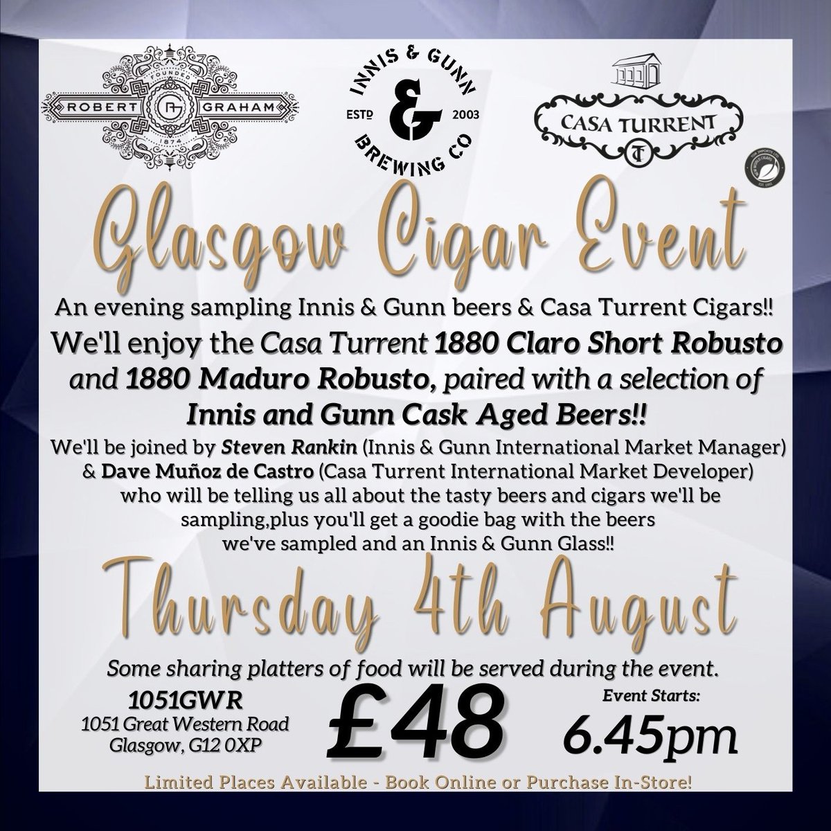 RGWhisky's tweet photo. Innis &amp; Gunn Beer and Cigar Sampling Events with:
Casa Turrent
Edinburgh - 27th July
Glasgow - 4th August

CLE &amp; Asylum
Cambridge - 11th August

Plus, we'll have a Goodie Bag for each attendee, so you can try the beers again at home!!

https://t.co/stfMhY53zx https://t.co/ac8mgyCNYN