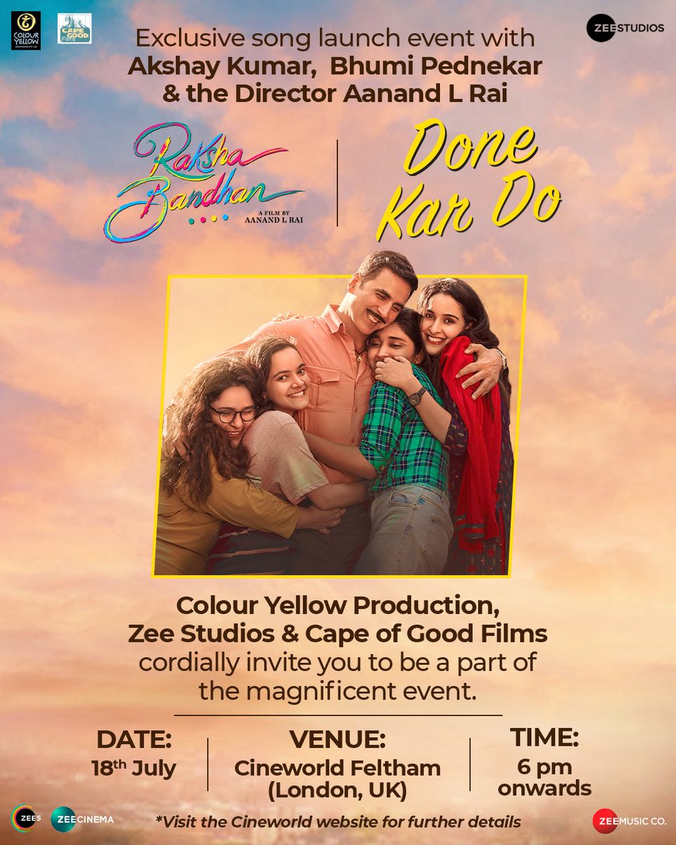 akshaykumar's tweet photo. For the first time in Indian cinema, a song will be exclusively launched in the UK! 
So, get ready London for #DoneKarDo and to be a part of this magnificent event with us, the team of #RakshaBandhan 💕

#ReturnsToFeelings 
#RakshaBandhan11August https://t.co/s1M1KkFGS9