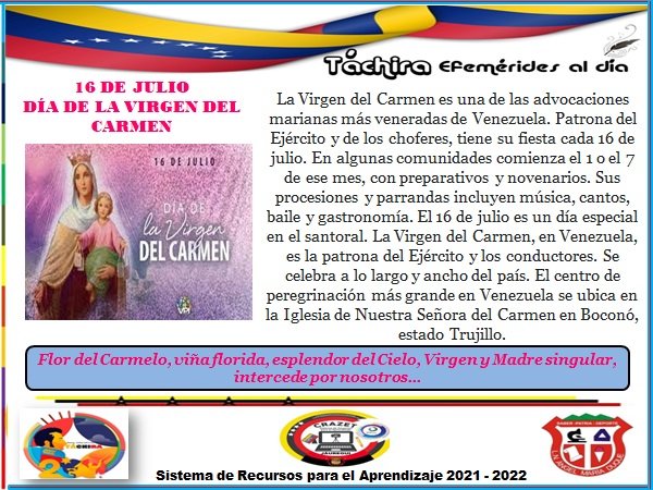 #16Julio Día de la Virgen del Carmen "Virgencita intercede por todos nosotros". Desde el <a href="/lnamd1968/">LNAMD1968</a> Estado #Tachira Municipio #Jauregui La Grita
@MPPEDUCACION 
<a href="/FreddyBernal/">Freddy Bernal</a> 
@ZonaEducTachira 
<a href="/Berzabethg1/">Berzabethgandicaoficial</a> 
<a href="/carloschaconlg/">Juan Carlos Chacon</a> 
<a href="/Crazet2011/">Crazet2011</a> 
<a href="/CRAJAUREGUI2/">CRAJAUREGUI</a>
@educ_jauregui