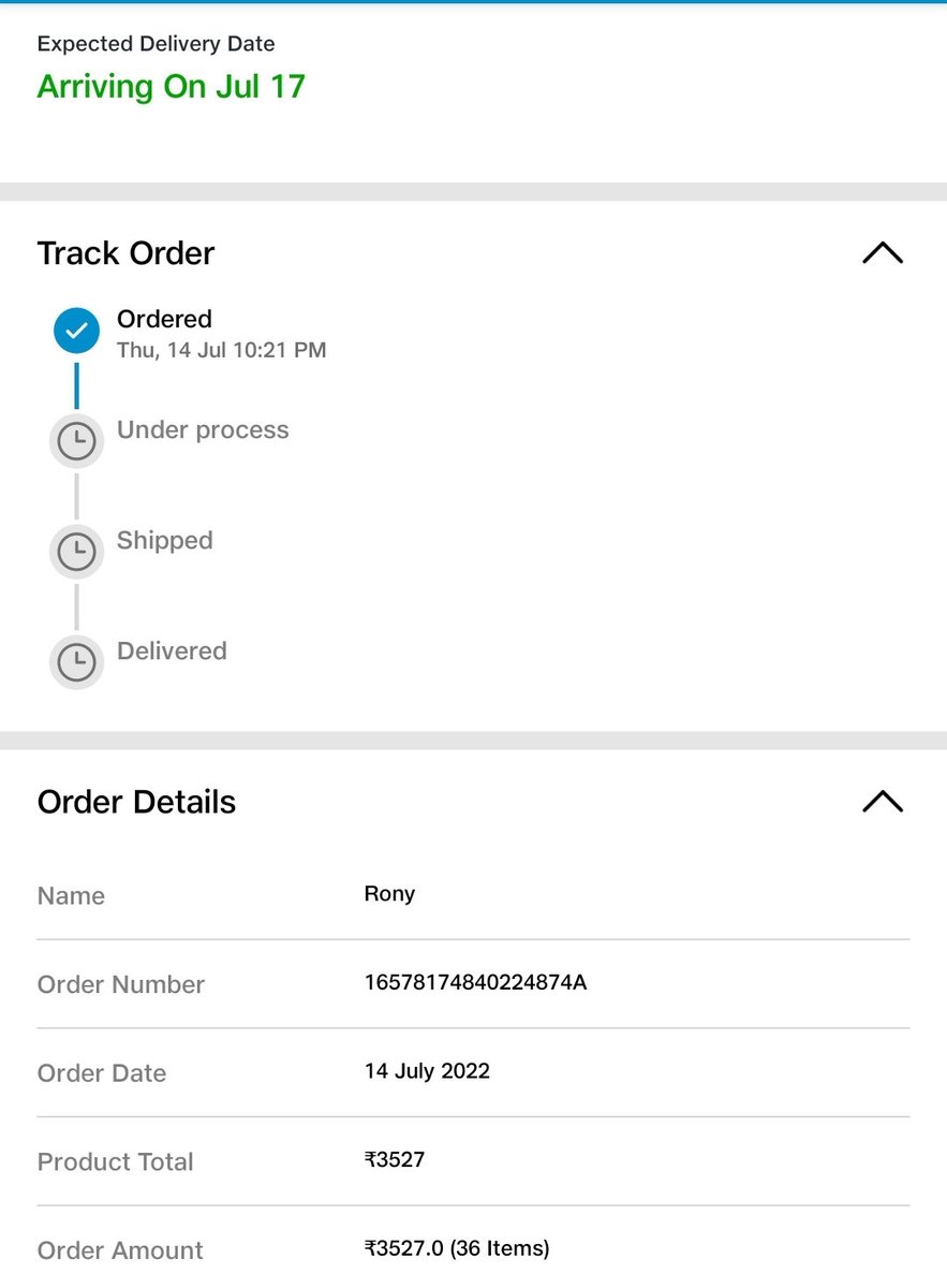 _ronylobo's tweet photo. @JioMart_Support May I know the status on this? Everyday when I check the status, expected delivery is delayed by one day. It was supposed to be delivered on 15th July. https://t.co/kXKPjUQbj2