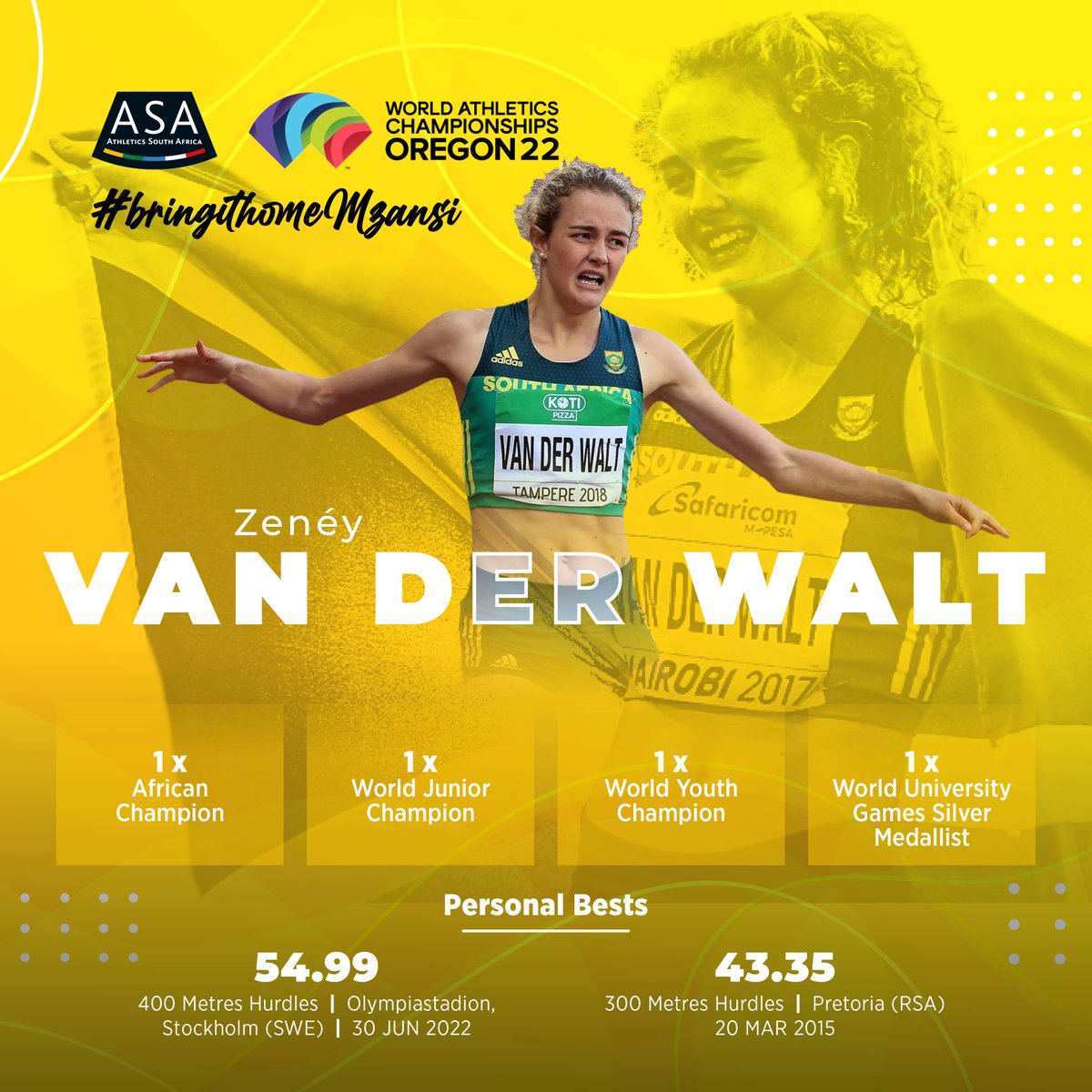AthleticsSA_'s tweet photo. Catch Zenéy Van Der Walt at this year's World Track and Field Championships in Oregon, from 15-24 July.
#BringItBack for the Green and Gold.
#WorldT&amp;FChamps #BringItHomeMzansi #oregon https://t.co/y6fv67IoYs