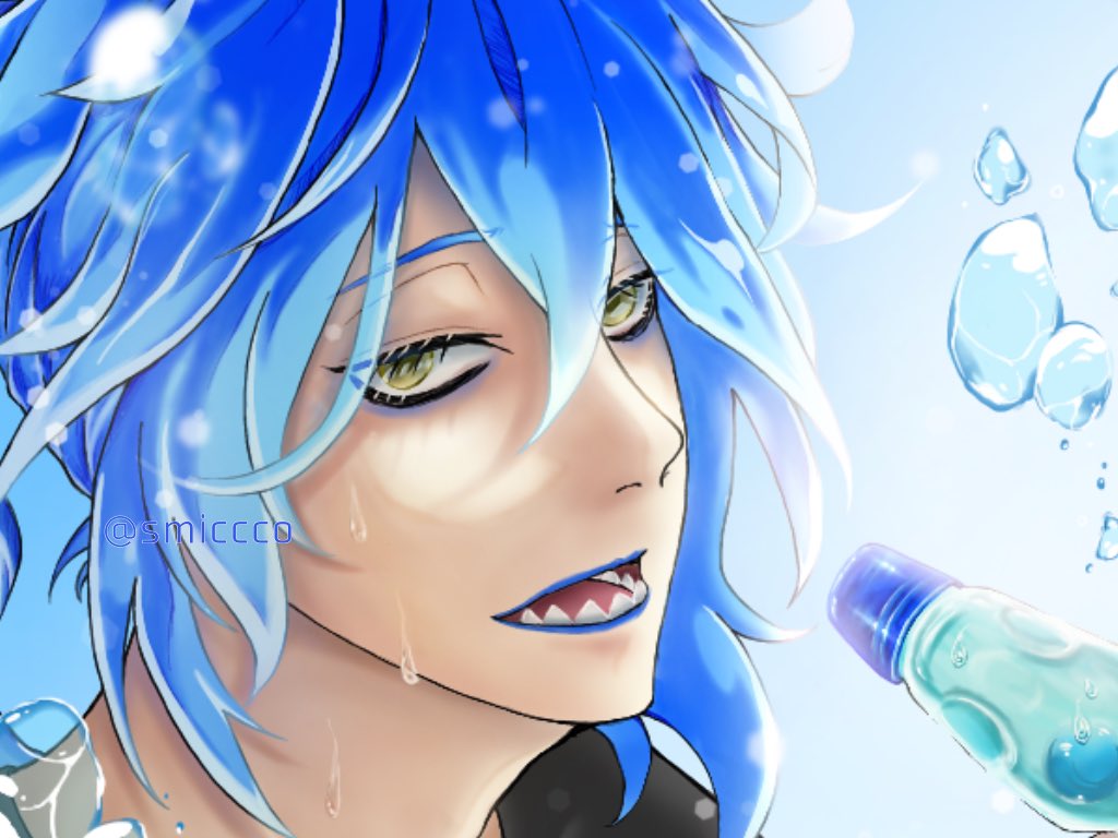 male focus 1boy blue hair blue lips yellow eyes makeup sharp teeth  illustration images