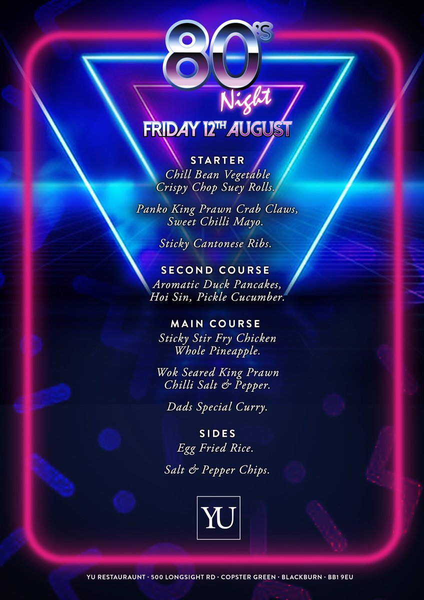 80s Night <a href="/YuCopster/">Yu Copster Green</a> on Friday 12th August #Booknow 

#Dj #Banquetment #80sCocktails #chinesefood #ribblevalley <a href="/Live_RV/">Live Ribble Valley</a> <a href="/LWandF/">Live Wyre & Fylde</a> <a href="/lancashirelife/">Lancashire Life</a> @LancashireHour