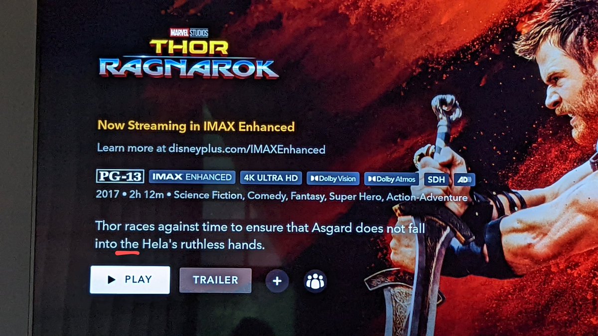 JonathanStelzer's tweet photo. @disneyplus on the description for Thor: Ragnarok...is this a typo? Why is it "the Hela...?" #FIXIT #copywrite https://t.co/aNNIXx6ZnD