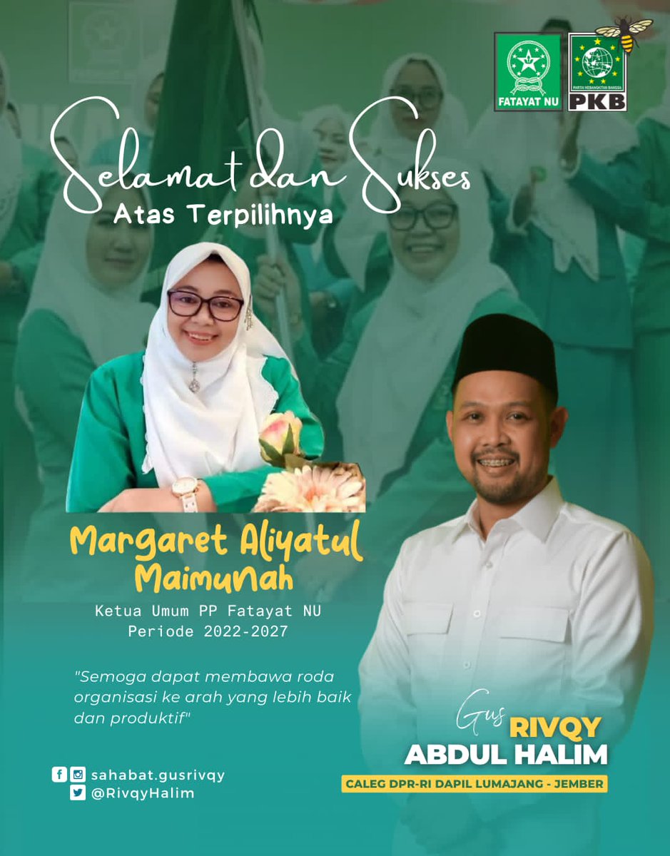 Selamat dan sukses atas terpilihnya Sahabat Margaret   Aliyatul Maimunah, sebagai Ketua Umum Fatayat NU Periode 2022 - 2027.

Semoga dapat membawa roda organisasi ke arah yang lebih baik dan produktif.

#fatayatnu #nahdatululama #muslimatnu #gusrivqy #sahabatgusrivqy