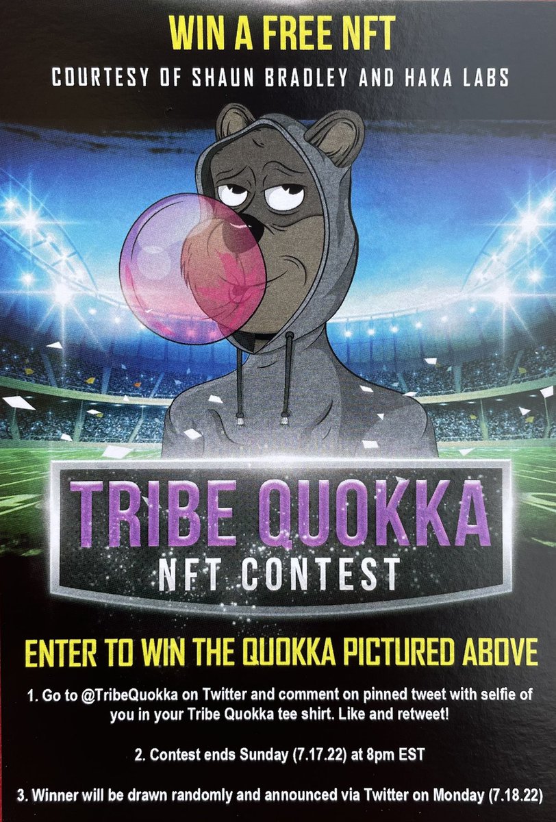 TribeQuokka's tweet photo. ATTENTION CAMPERS  @Sdot_Bradley5 #NFT CONTEST GIVEAWAY!

Like, Retweet and Comment with a picture of you repping your @TribeQuokka tee shirt to win one of our #NFTs! 

#GoBirds #FlyEaglesFly #TribeQuokka #TribeUp🌴 #NFTCommmunity #NFTGiveaways #NFTProject #NFTartists https://t.co/3mNKpOtJ8z