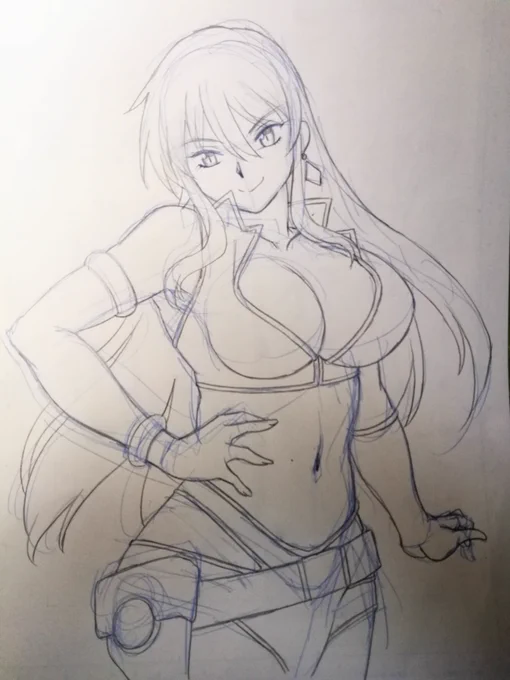 食後の一服でユリっぺの下書き作業。ユリってちょっと意地悪っぽい顔が好き。 