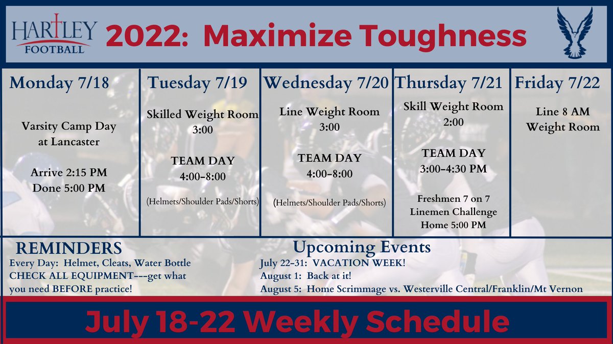 HartleyFootball's tweet photo. This Week in Hawks Football!
Last great week before vacation!
Annual Freshmen 7 on 7 Tournament at #JackRyanField with @FootballSFD @BWHSFootball1 @TVvikingfb @ReynoldsburgFB and @_pnfootball
Going to be a fun and exciting week!
#MaximizeToughness https://t.co/XD2nCNWvFK