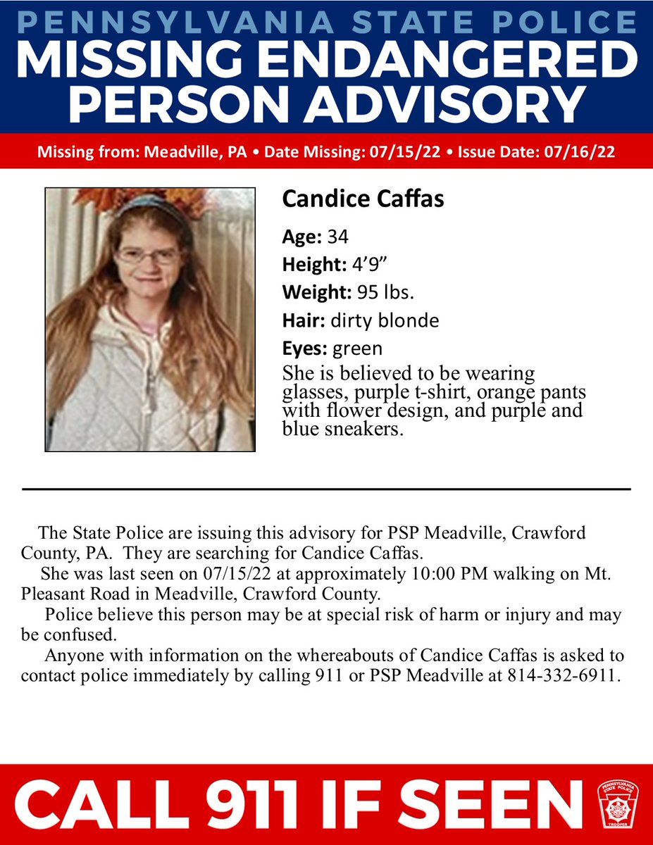 PAStatePolice's tweet photo. CRAWFORD COUNTY: Missing Endangered Person Advisory. PSP Meadville is searching for Candice Caffas.  Call 911 if seen. https://t.co/eUSTxSIuEL