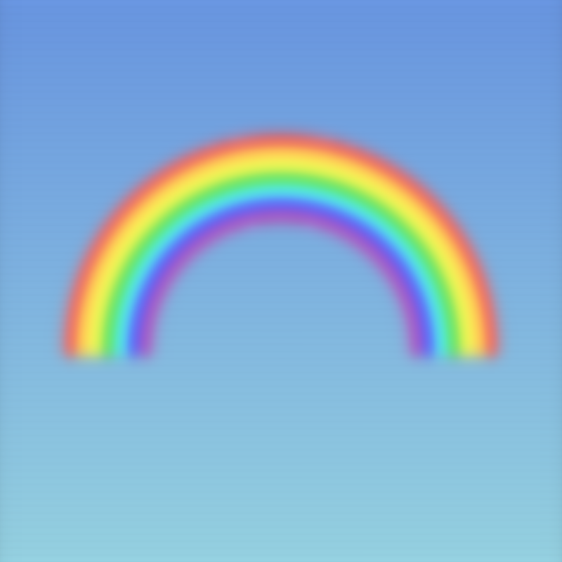 watabo_shi's tweet photo. setup=_=>{createCanvas(W=800,W)
for(i=80;i--;)fill(lerpColor(color('#7af'),color('#aef'),i/80)),rect(j=0,i*10,W,10)
noFill(strokeWeight(18))
for(c of `f55,fd5,ff5,5d5,5ff,55f,b5b`.split`,`)stroke(`#${c}`),arc(400,500,s=600-36*j,s,PI,TAU),j++
filter(BLUR,9)}//#つぶやきProcessing https://t.co/hoRAL18Nwz