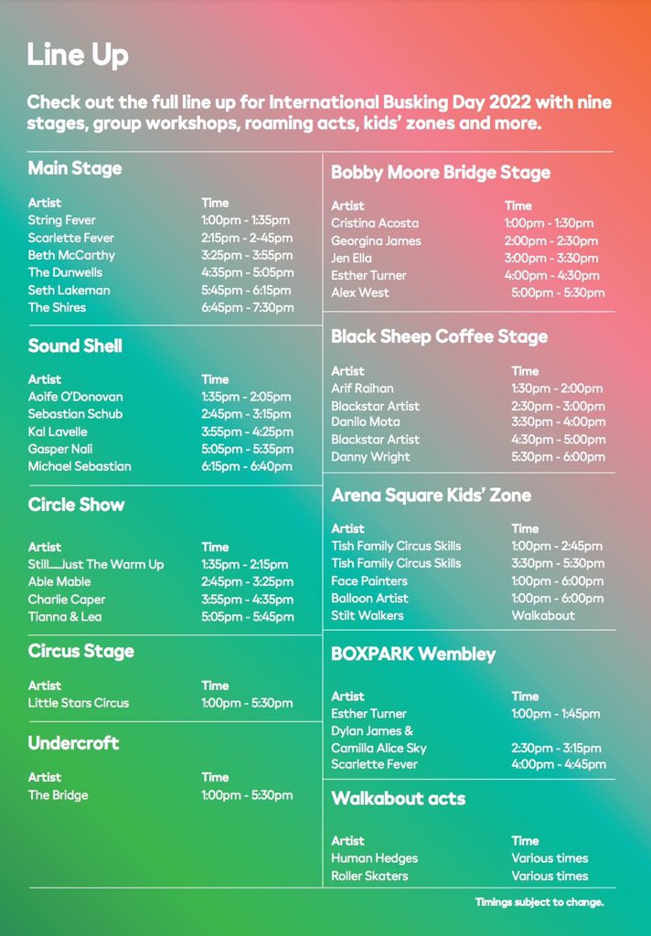 It’s here! #InternationalBuskingDay is today at @wembleyparkldn 🥳

Swipe to check out the full line up and map of event ⠀
⠀
Come and enjoy the sunshine in #WembleyPark with free live music and incredible performances ☀️