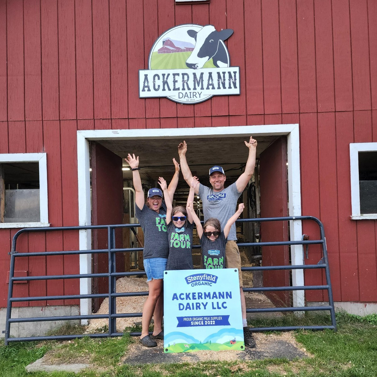 Stonyfield's tweet photo. Raise your hands if you're officially a milk supplier of Stonyfield Organic! This family team works HARD and they deserve all the support, partnership, and resources we can provide. Please join us in welcoming Ackermann Dairy to the Stonyfield Organic Family! 💚 #SaveGenF https://t.co/GkhKJWfkb4
