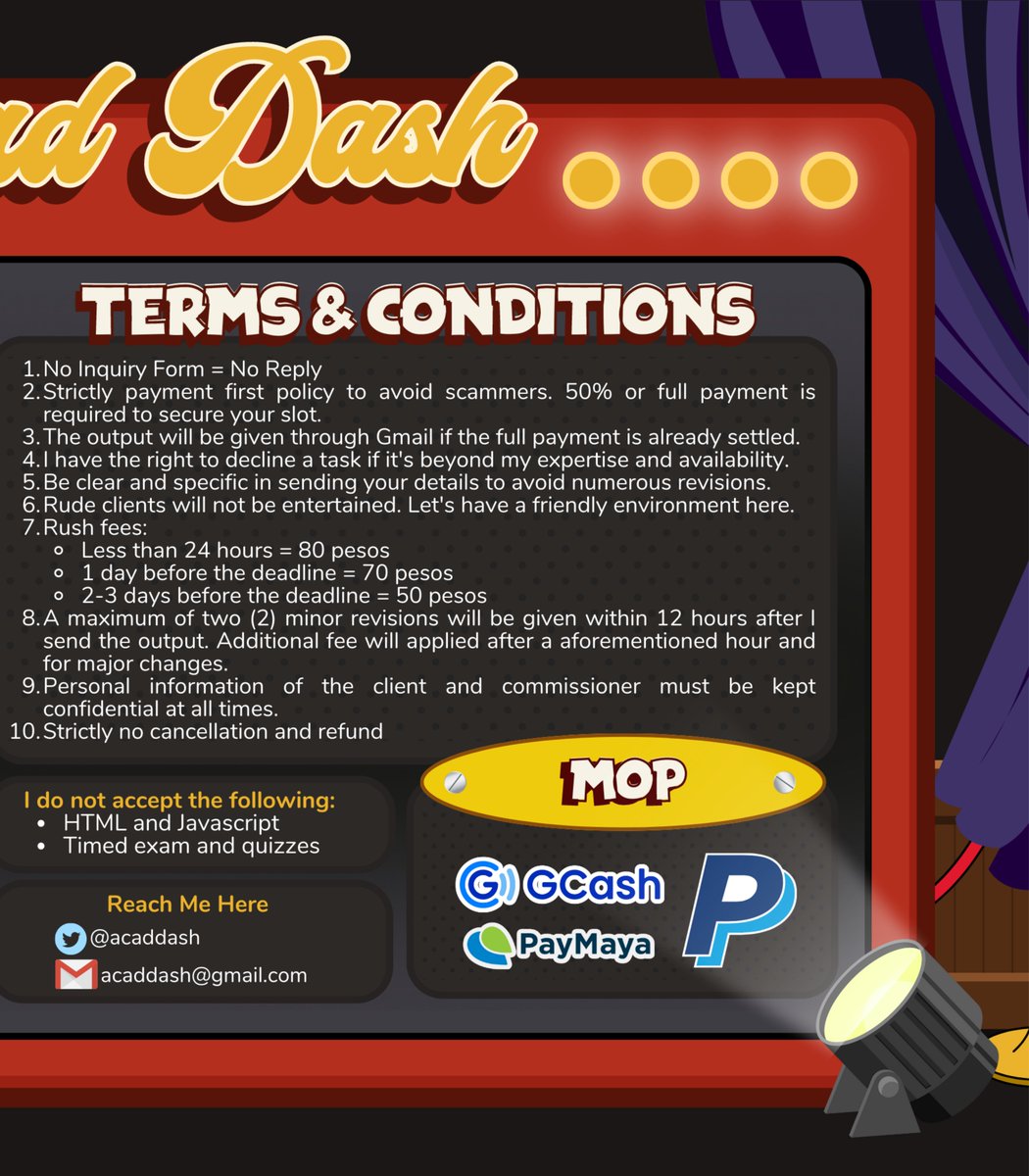 Welcome to Acad Dash Restaurant! 🥘 The place where, with sharpened skills, I’ll serve you A+ outputs and manage your academic work in fast-paced time 👩🏻‍🍳 Scan through my commsheet menu for more info

🍣 #DashPrepares [samples]
🍖 #DashCooks [tracker]
🍜 #DashServes [feedbacks]