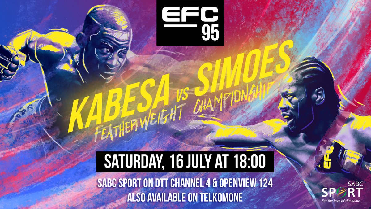 SABC_Sport's tweet photo. 🦵🥊 @EFCworldwide 🥊🦵

Igeu Kabesa takes on Nerik Simoes for the vacant golden belt! 

⏰ 18:00 Tonight
📺 SABC Sport on DTT channel 4 &amp; Openview 124
📱 TelkomONE

#EFC95 https://t.co/nKiwOjJTZ7