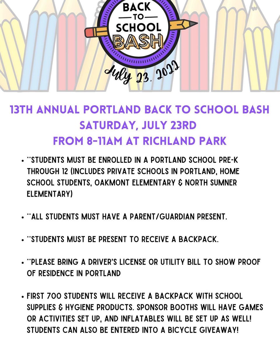 •Back to School Bash REMINDER❗️

🗓 Saturday, July 23rd 
⏰ 8:00 AM - 11:00 AM
📍 Richland Park

Portland-area students are eligible to receive a backpack w/ supplies, hygiene products, detergent &amp; socks.

Thank you, <a href="/Portlandtncofc/">Portland Chamber</a> for helping Panthers prepare for another SY!