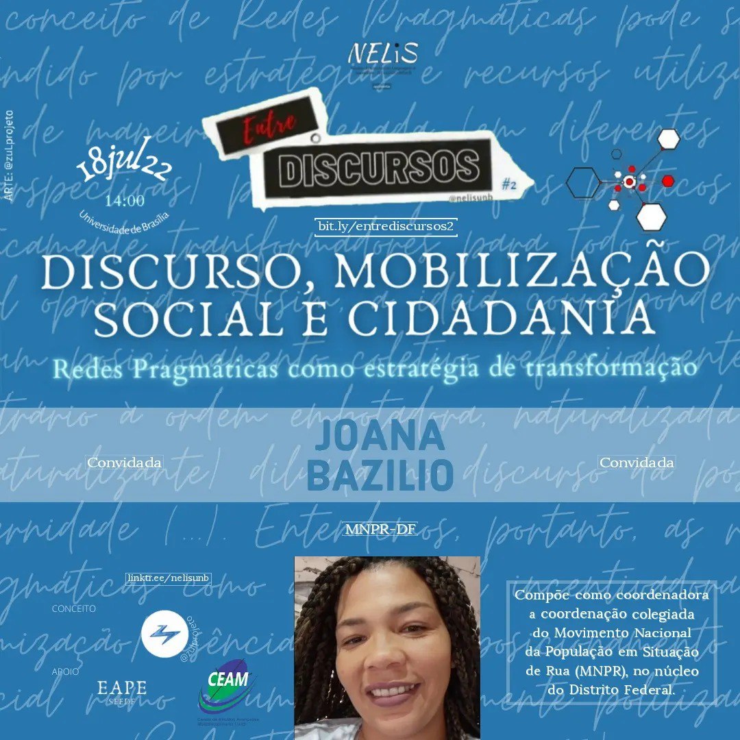 nelisunb's tweet photo. Vamos conhecer a penúltima edição do #EntreDiscursos?

Joana Bazilio é uma das integrantes da coordenação colegiada do Movimento Nacional da População em Situação de Rua (MNPR), no núcleo do Distrito Federal. Ela fortalecerá o #E2. ☀️

Que tal saber mais? https://t.co/JuepEo46Wr https://t.co/opQy1bzKHo