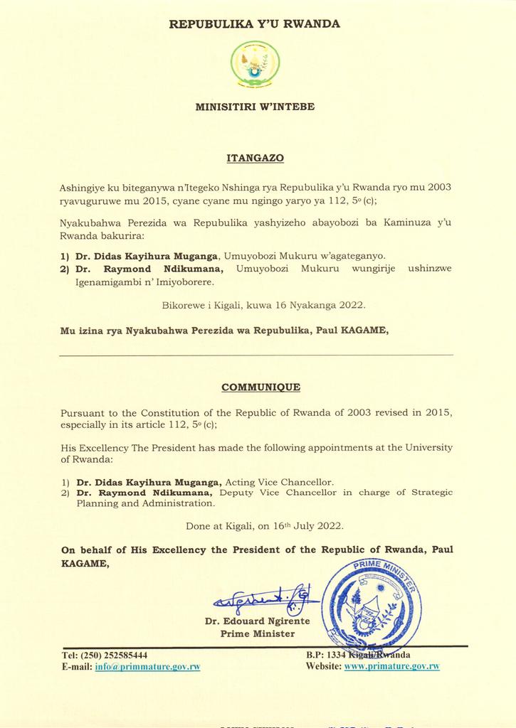 We are pleased to welcome the new Ag. Vice Chancellor Dr Didas Kayihura Muganga and the new Deputy Vice Chancellor for Strategic Planning and Administration Dr Raymond Ndikumana. Welcome aboard.