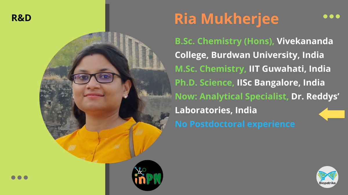 biopatrika's tweet photo. #Newprofile #alert #Indian #Professionals #Network #InPN Ria Mukherjee, PhD working in an analytical lab in the #spectroscopy and #microscopy division of @drreddys. #PhD #RnD #chemistry #pharmaceutical #research #Analytical @iiscbangalore @IITGuwahati
https://t.co/jsh6Srh0li https://t.co/D3L3z6w8Pj