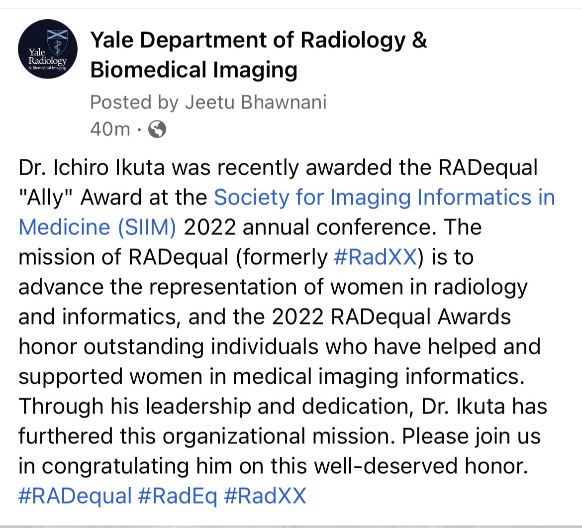 YaleRadiology's tweet photo. Congratulations to @radiology_ninja who was recently awarded the RADequal "Ally" Award at the SIIM 2022 annual conference. The 2022 #RADequal Awards honor outstanding individuals who have helped &amp; supported women in medical imaging informatics. @SIIM_Tweets  #RadXX #YaleRadiology https://t.co/O6E5t7J1NI