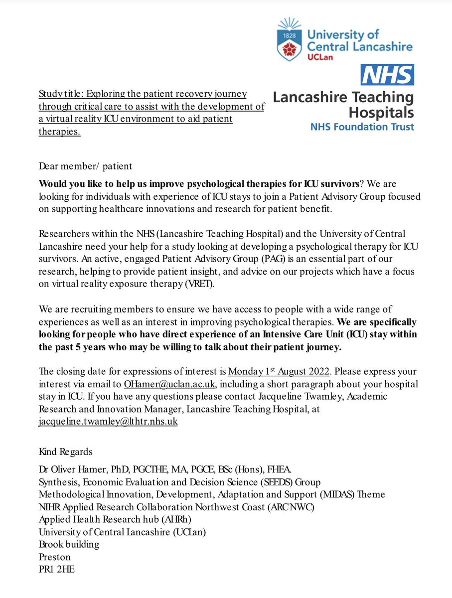 If possible, may I ask that my follows re-tweet below message as still need volunteers. To any ex ICU patients (like myself) I wanted to tell you about an opportunity to get involved in a project about new psychological therapies for ICU survivors. See screenshot below for detail