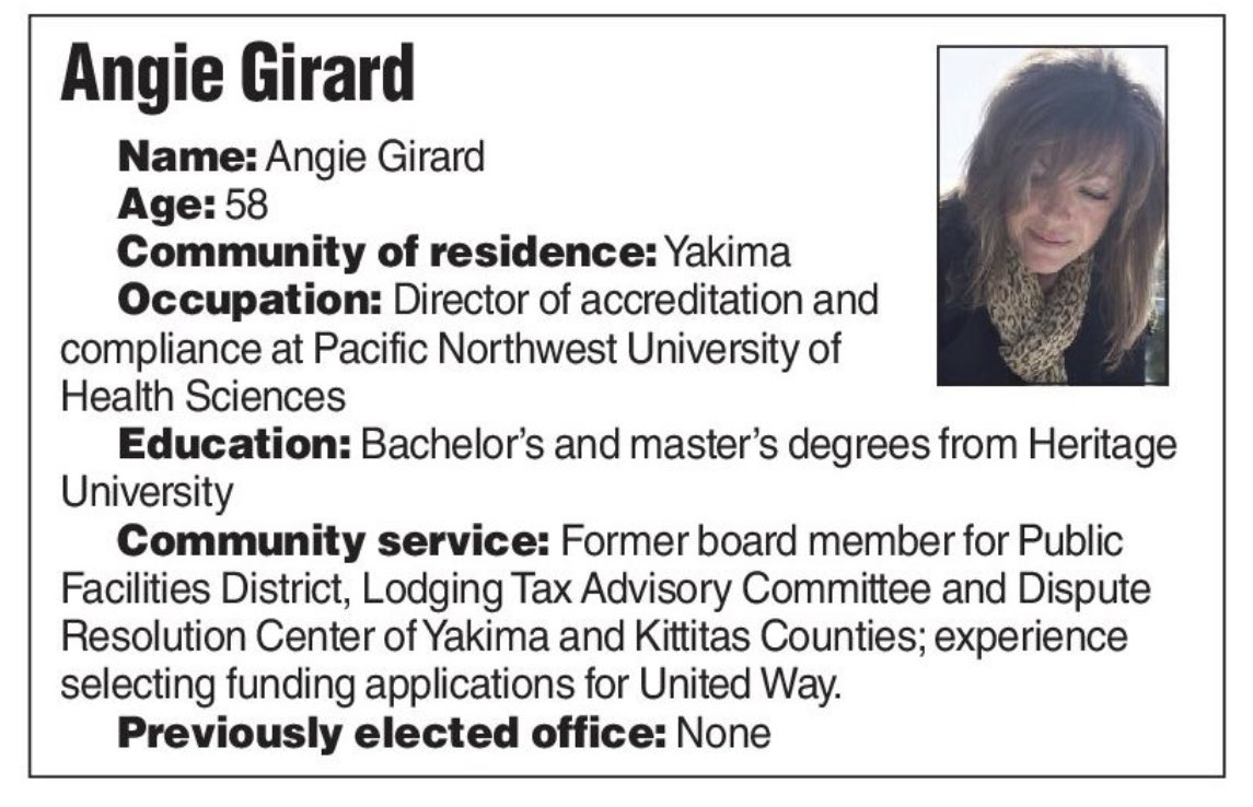 If you live in YKM County District 1, please write-in Angie Girard for County Commissioner, who has now declared.  It takes a small number of write-in votes to reach the ballot in November where she will run against Amanda McKinney, running uncontested.