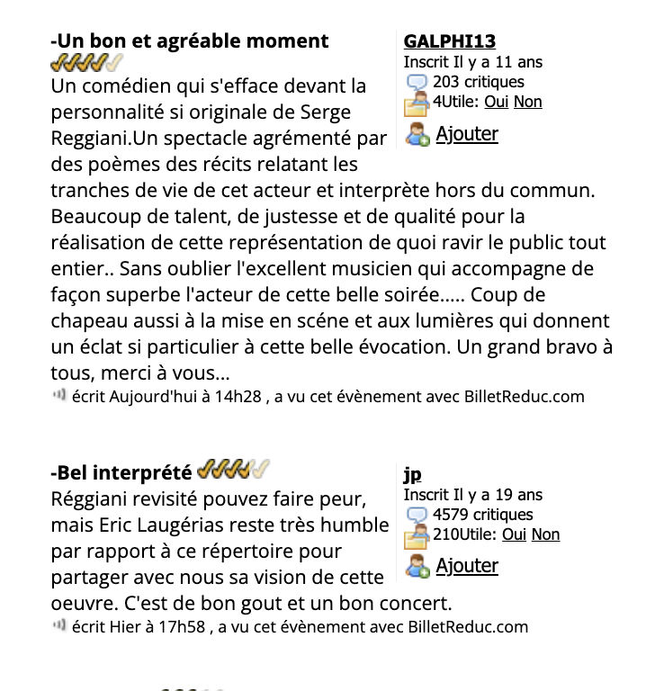 Merci aux premiers spectateurs avignonnais de partager leurs impressions sur notre 'REGGIANI par Laugérias' au Théâtre des Gémeaux (23h)... 

@offavignon @simonfache1 @JudithdAleazzo