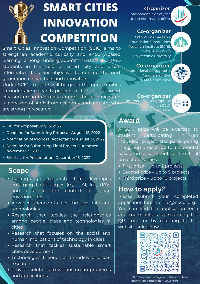 Are you a student in the field of smart cities and urban informatics? Do you want to showcase your great ideas and meet more professionals? Welcome to the Smart Cities Innovation Competition🏆! For more information, please refer to the poster and website: isocui.org/events/smart-c…
