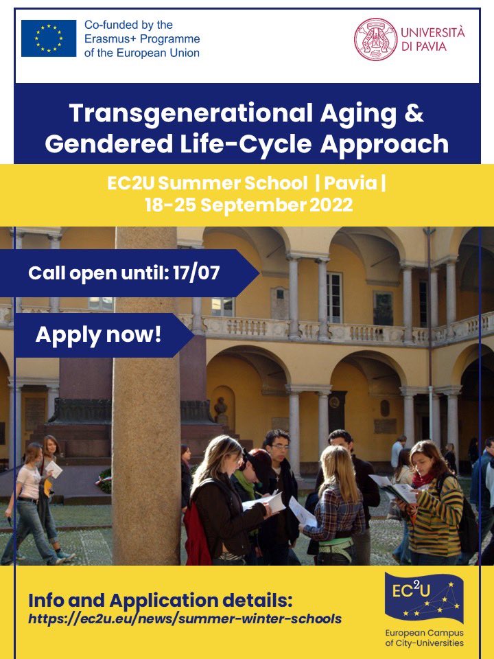 Are you a @unipv student? Do not miss the opportunity offered by the @EC2U_Alliance to participate in the “Transgenerational Aging & Gendered Life-Cycle Approach” Summer School 18-25 Sept 2022. 5 places are available for UNIPV students. Apply here: ec2u.eu/news/summer-wi…