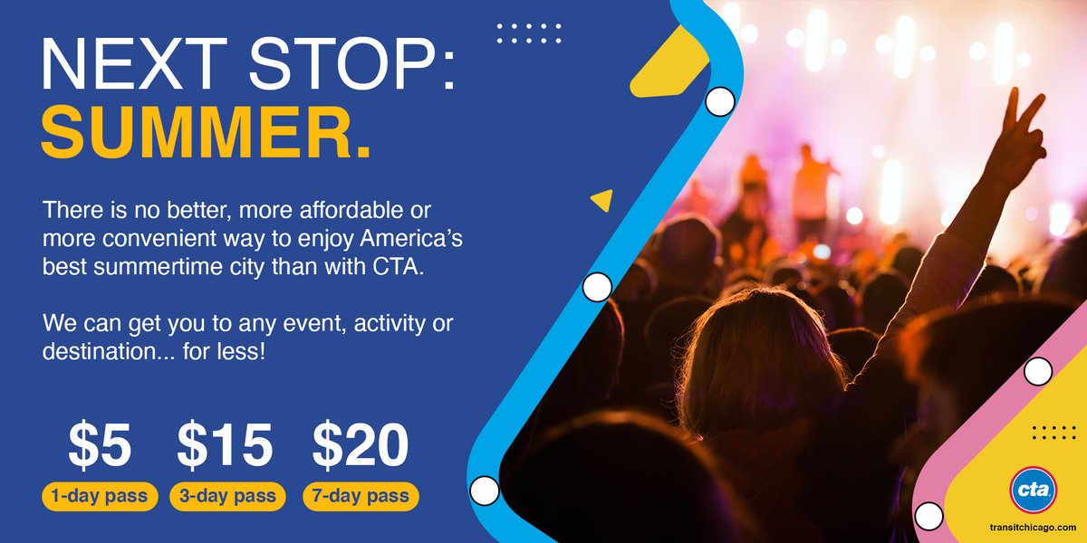 cta's tweet photo. Get to @pitchforkfest all weekend long with our affordable, unlimited ride passes!

1-day pass: $5
3-day pass: $15
7-day pass: $20

#NextStopSummer https://t.co/8bJYJtRpBp