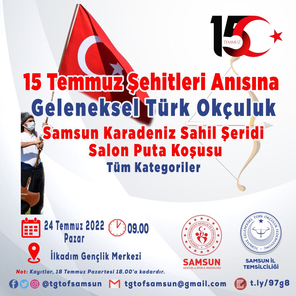 Samsun İl Temsilciliğimizin Yıllık Faaliyet planında bulunan, 15 Temmuz Şehitleri Anısına Geleneksel Türk Okçuluk Samsun Karadeniz Sahil Şeridi Salon Puta Koşusu'nun kayıtları başladı. Tüm kategoride ki sporcularımızı bekliyoruz. #tgtofsamsun #samsun #gelenekseltürkokçuluk