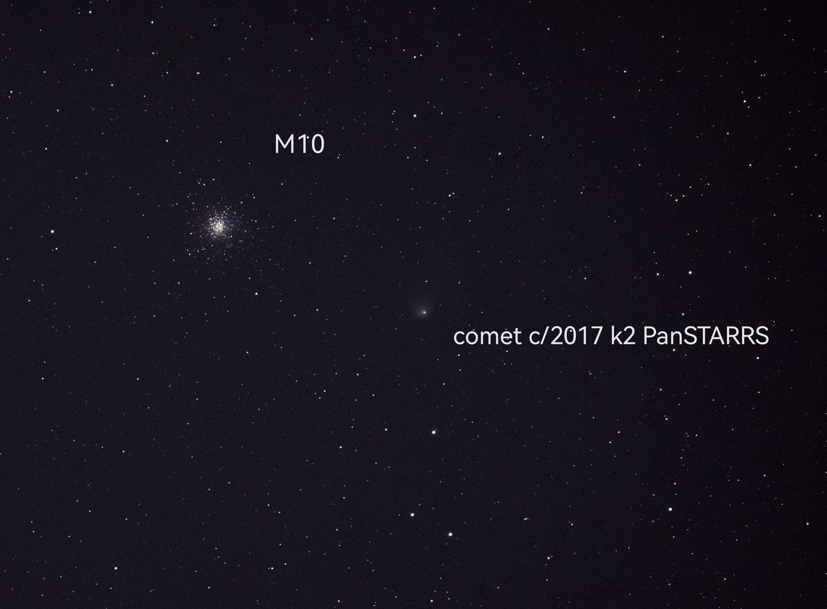 jonesy1007's tweet photo. Here's comet c/2017 k2 PanSTARRS making its close approach to Messier 10 open cluster, it makes a superb marker. The comet nucleus is approx 11 miles wide and at closet approach it was 172 million miles away from us
#comet #messier10 #Astrophotography #C2017K2 @AstroHour321 https://t.co/SX1nOv13KN